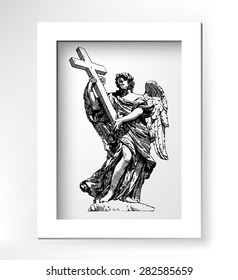 original sketch digital drawing of marble statue of angel from the Sant'Angelo Bridge in Rome, Italy, vector illustration with white minimalistic frame