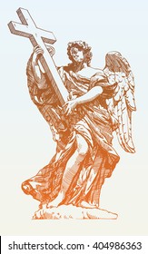 original sketch digital drawing of marble statue of angel from the Sant'Angelo Bridge in Rome, Italy, vector illustration