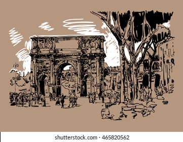 original sketch digital sepia drawing Rome Italy landmark - arch of Konstantine (Arco Constantino) with trees and travel people, vector illustration