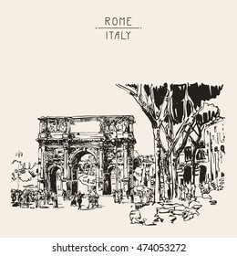 original sketch digital sepia drawing Rome Italy landmark - arch of Konstantine (Arco Constantino) with trees and travel people, vector illustration