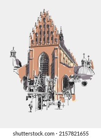 Original sketch drawing of old medieval church in Krakow, Poland