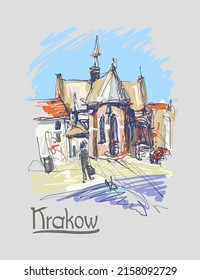 Original sketch drawing of old medieval church in Krakow with hand lettering inscription, Poland