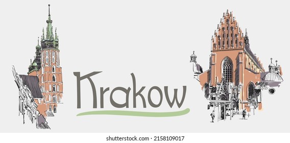 Original sketch drawing of old medieval church in Krakow with hand lettering inscription, Poland