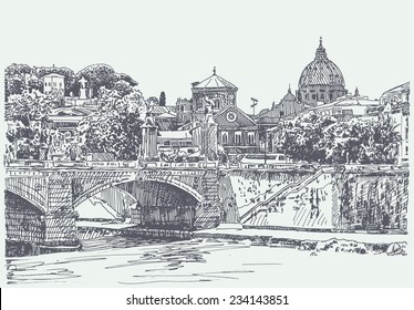 original sketch drawing of Rome Italy cityscape, type of bridge in river and Saint Pietro Basilica, vector illustration