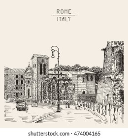 original sketch hand drawing of Rome Italy famous cityscape, travel card, vector illustration