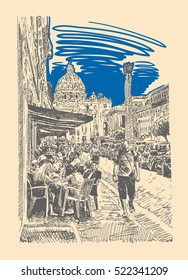 original sketch hand drawing of Rome Italy famous cityscape, travel card, vector illustration