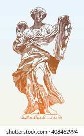 original sketch ink drawing of marble statue of angel from the Sant'Angelo Bridge in Rome, Italy, vector illustration