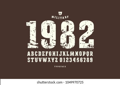 Original slab serif font. Bold face. Letters and numbers with rough texture for logo and emblem design. White print on brown background