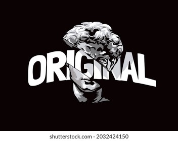 original slogan with antique statue face sliced vector illustration on black background
