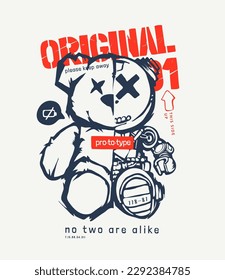 original slogan with cartoon bear doll half robot graphic vector illustration