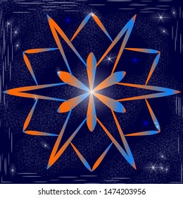 The original snowflake with a gradient fill of orange and blue on the background of snow in the sky with bright stars. Crystal of snow in space. Element for design of winter and cosmic themes.