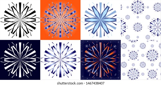 The original snowflake in the style of hand-drawing in 7 applications - icons, logo, seamless pattern. Elements for design on the theme of winter, cold, frost, space, creating a background, texture.