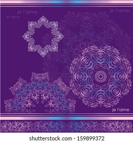 original snowflakes, patterns and inscriptions of Je t'aime! on a lilac background. Translation: I love you