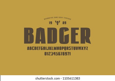 Original solid sans serif font. Extra bold face. Letters and numbers for logo and emblem design. Brown print on yellow background