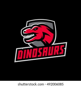 Original sports logo template with the image of the dinosaur in the background of the shield. Tyrannosaur logo and mascot for sport team, gym, company.