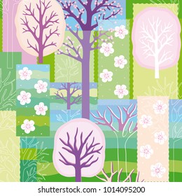 Original spring patchwork background with flowering trees and flowers of cherries and apricots.