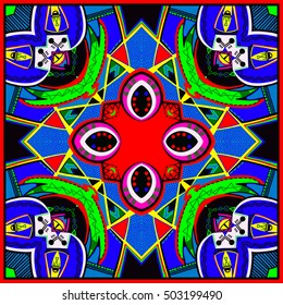 original square composition with abstract painting can be used for silk bandanna print, carpet design, pillow pattern, neckerchief fabric and other, vector illustration