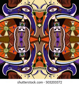 original square composition with abstract painting can be used for silk bandanna print, carpet design, pillow pattern, neckerchief fabric and other, vector illustration