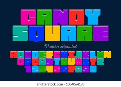 Original square display font design, alphabet, letters and numbers. Swatch color control