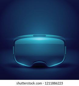 Original stereoscopic 3d vr headset presentation. Front view on futuristic background. Vector illustration