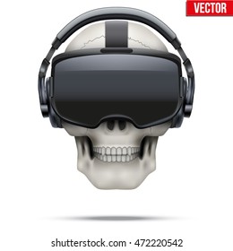 Original stereoscopic 3d vr headset and human skull. Front view. Vector illustration Isolated on white background.
