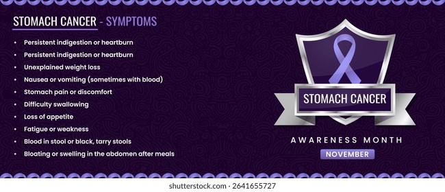 Original Stomach Cancer Awareness ribbon with Symptoms, Shield Design with Pattern Based Background.