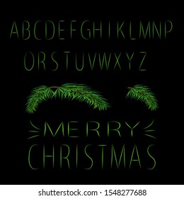 Original style font made of fir needles.  Alphabet.Vector illustration. For use in a holiday card, flyer, banner, perfect for Christmas project.