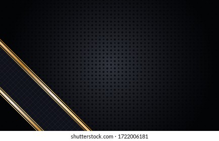 Original stylish background pattern of geometric shapes. The pattern with the texture of the paper is evenly filled with small black serrated dots, with a gold insert and squares. Vector graphics on a