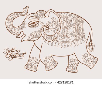 original stylized ethnic indian elephant pattern drawing and hand written inscription, vector illustration