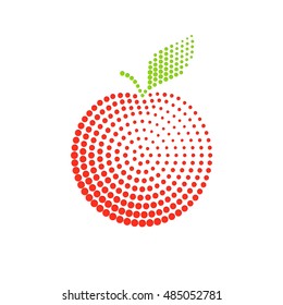 The original stylized red apple with green leaf made of halftone concentric dots on a white background. Useful like a logo sign or an element of abstract modern design.