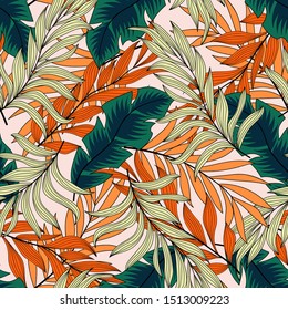 Original summer seamless tropical pattern with green and beige leaves and plants on a white background. Jungle leaf seamless vector floral pattern background. Tropical botanical.