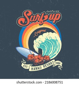 Original Surf up in California Hawaii Resort, Hawaii, Aloha surf typography for t-shirt print , vector illustration, typography slogan on palm beach sunset background vector illustration