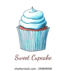 Original sweet cupcake drawn by color pencils. Vector illustration of isolated object on white background.