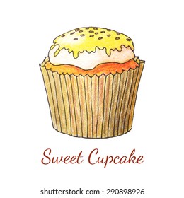 Original sweet cupcake drawn by color pencils. Vector illustration of isolated object on white background.