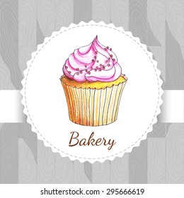 Original sweet cupcake drawn by color pencils. Vector illustration of cupcake for bakery.