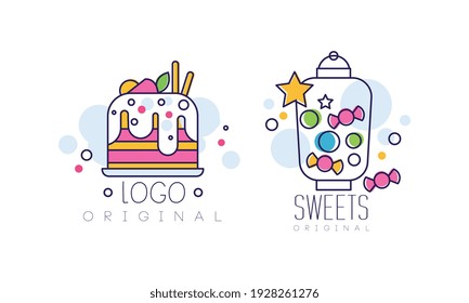 Original Sweets Logo Design Set, Tasty Dessert Labels for Bakery, Candy Shop, Cafe Design Cartoon Style Vector Illustration