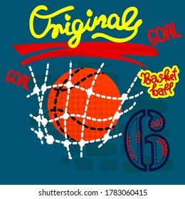 original team basketball Bright in a net orange slogan graphic.Striped blue background for children's T-shirts. Typographic print poster.