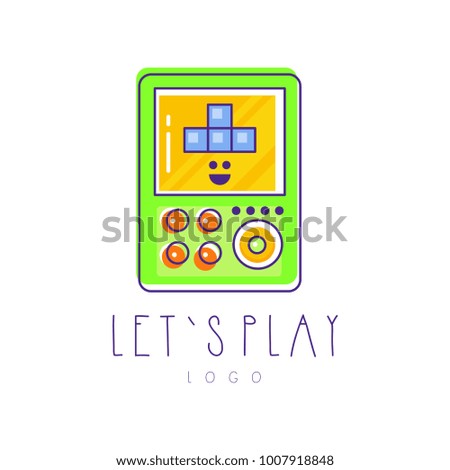 Original tetris logo. Electronic gadget. Linear emblem with green, yellow and blue fill. Vector design for game store, mobile app or developer company