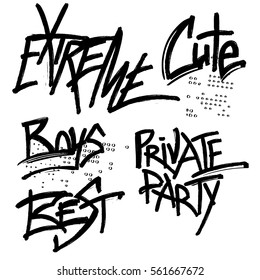 original text in grunge graffiti style. brush shape hand written words Boys, Best, Private party, cute, extreme.  dots urban elements on white  background for t shirt, posters slogan