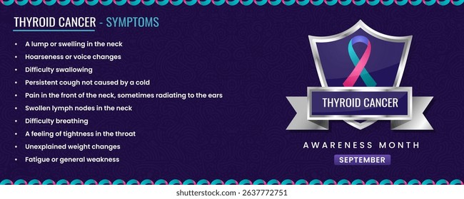 Original Thyroid Caner ribbon with Symptoms, Shield Design with Pattern Based Background.