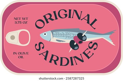 Original tin can sardines. Aesthetic vector illustration on transparent background. Canned fish artwork. Seafood packaging poster template. Restaurant, cafe, or kitchen wall decor.