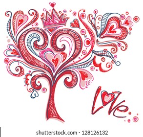 Original tree of love. Card for Valentine's Day with the original tree curls and hearts.