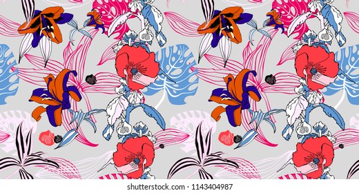 original trendy seamless artistic flower pattern, beautiful tropical floral exotic background, vector illustration