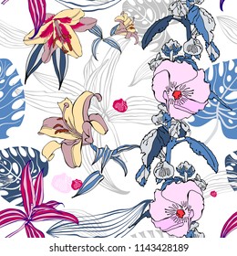 original trendy seamless artistic flower pattern, beautiful tropical floral exotic background, vector illustration