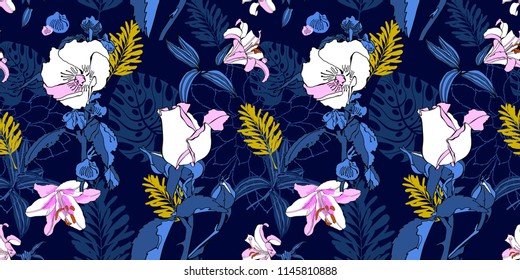 original trendy seamless artistic flower pattern, beautiful tropical floral exotic background, vector illustration