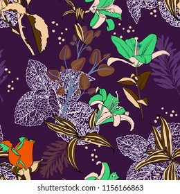 original trendy seamless artistic flower pattern, beautiful tropical floral exotic background, vector illustration