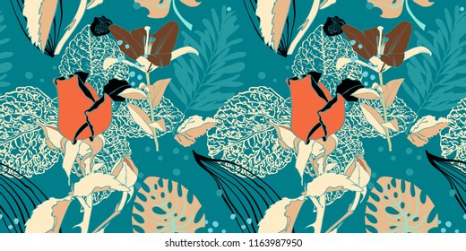 original trendy seamless artistic flower pattern, beautiful tropical floral exotic background, vector illustration