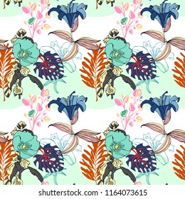 original trendy seamless artistic flower pattern, beautiful tropical floral exotic background, vector illustration