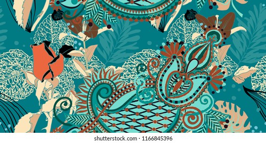 original trendy seamless artistic flower pattern, beautiful tropical floral exotic background, vector illustration