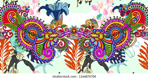 original trendy seamless artistic flower pattern, beautiful tropical floral exotic background with paisley indian design, vector illustration